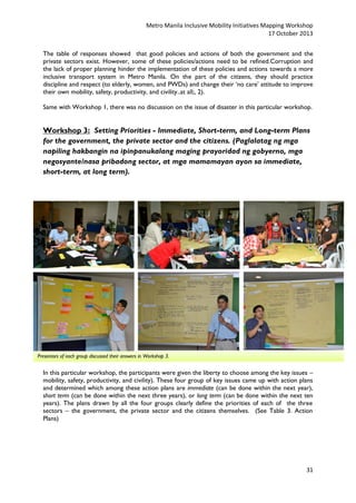 Metro Manila Inclusive Mobility Initiatives Mapping Workshop
17 October 2013
The table of responses showed that good policies and actions of both the government and the
private sectors exist. However, some of these policies/actions need to be refined.Corruption and
the lack of proper planning hinder the implementation of these policies and actions towards a more
inclusive transport system in Metro Manila. On the part of the citizens, they should practice
discipline and respect (to elderly, women, and PWDs) and change their ‘no care’ attitude to improve
their own mobility, safety, productivity, and civility..at all;, 2).
Same with Workshop 1, there was no discussion on the issue of disaster in this particular workshop.

Workshop 3: Setting Priorities - Immediate, Short-term, and Long-term Plans
for the government, the private sector and the citizens. (Paglalatag ng mga
napiling hakbangin na ipinpanukalang maging prayoridad ng gobyerno, mga
negosyante/nasa pribadong sector, at mga mamamayan ayon sa immediate,
short-term, at long term).

Presentors of each group discussed their answers in Workshop 3.

In this particular workshop, the participants were given the liberty to choose among the key issues –
mobility, safety, productivity, and civility). These four group of key issues came up with action plans
and determined which among these action plans are immediate (can be done within the next year),
short term (can be done within the next three years), or long term (can be done within the next ten
years). The plans drawn by all the four groups clearly define the priorities of each of the three
sectors – the government, the private sector and the citizens themselves. (See Table 3. Action
Plans)

31

 