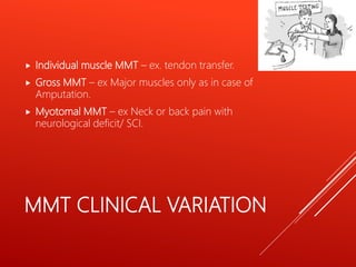 MMT CLINICAL VARIATION
 Individual muscle MMT – ex. tendon transfer.
 Gross MMT – ex Major muscles only as in case of
Amputation.
 Myotomal MMT – ex Neck or back pain with
neurological deficit/ SCI.
 