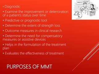 PURPOSES OF MMT
• Diagnostic
• Examine the improvement or deterioration
of a patient’s status over time
• Predictive or prognostic tool
• Determine the extent of strength loss
• Outcome measures in clinical research
• Determine the need for compensatory
measures or assistive devices
• Helps in the formulation of the treatment
plan
• Evaluates the effectiveness of treatment
 
