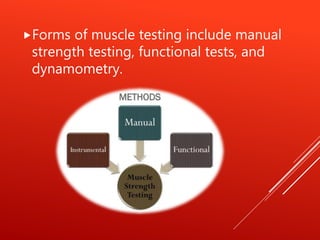 Forms of muscle testing include manual
strength testing, functional tests, and
dynamometry.
 