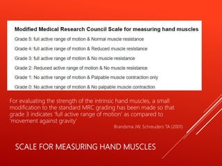 SCALE FOR MEASURING HAND MUSCLES
For evaluating the strength of the intrinsic hand muscles, a small
modification to the standard MRC grading has been made so that
grade 3 indicates ‘full active range of motion’ as compared to
‘movement against gravity’
Brandsma JW, Schreuders TA (2001)
 
