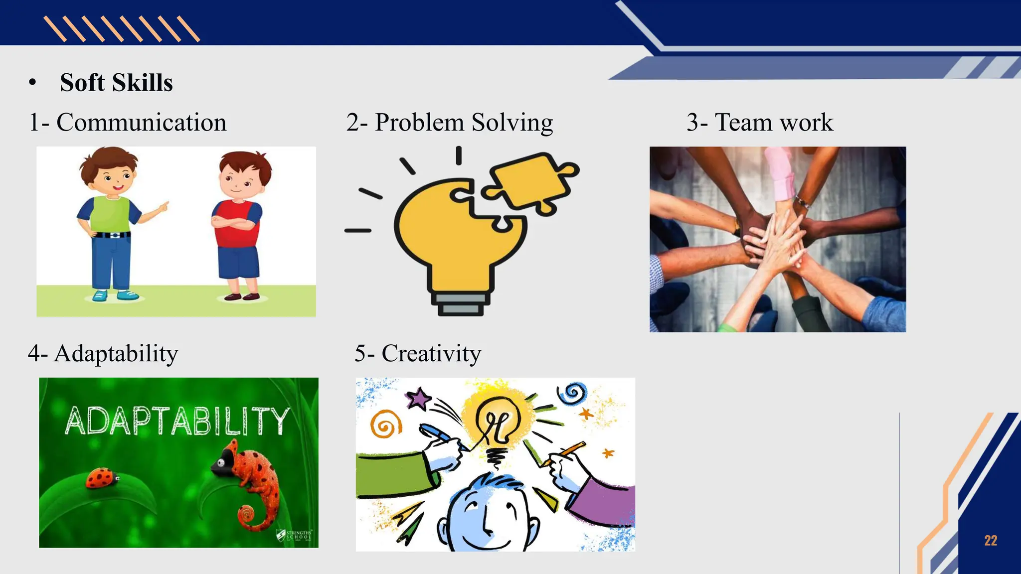 • Soft Skills
1- Communication 2- Problem Solving 3- Team work
4- Adaptability 5- Creativity
22
 