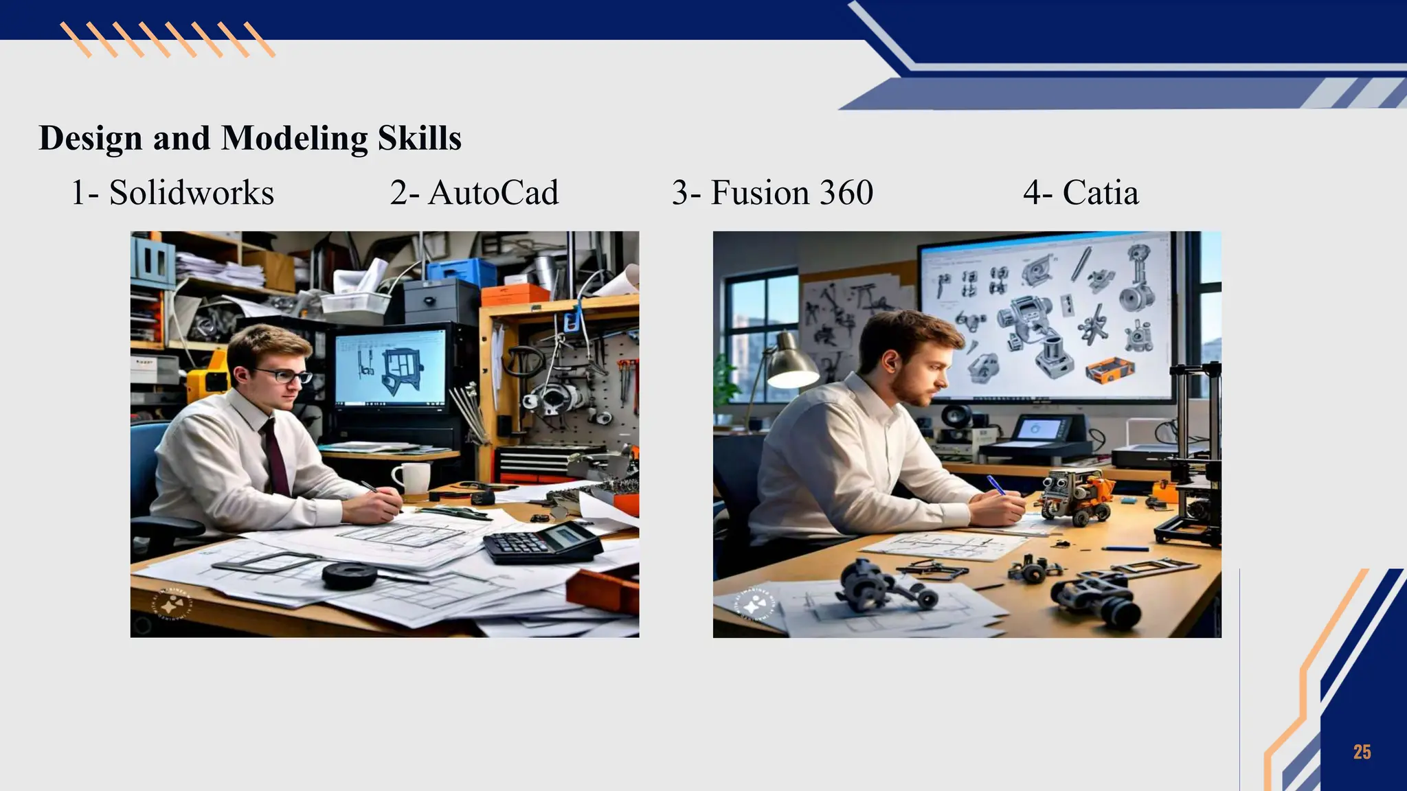 Design and Modeling Skills
1- Solidworks 2- AutoCad 3- Fusion 360 4- Catia
25
 