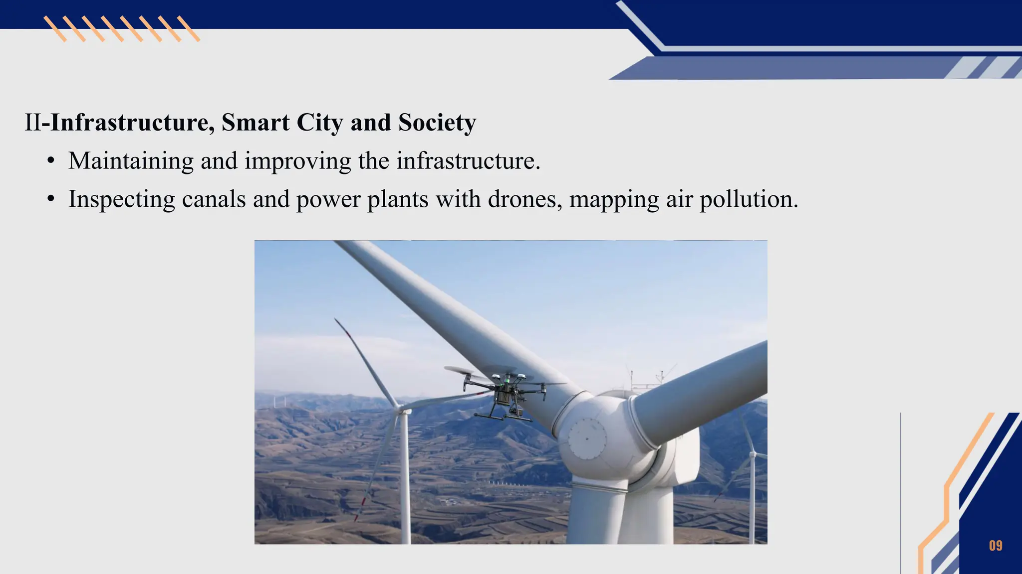 II-Infrastructure, Smart City and Society
• Maintaining and improving the infrastructure.
• Inspecting canals and power plants with drones, mapping air pollution.
09
 