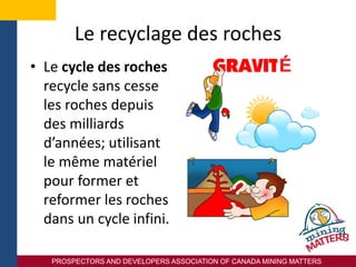 PROSPECTORS AND DEVELOPERS ASSOCIATION OF CANADA MINING MATTERS
Le recyclage des roches
• Le cycle des roches
recycle sans cesse
les roches depuis
des milliards
d’années; utilisant
le même matériel
pour former et
reformer les roches
dans un cycle infini.
 