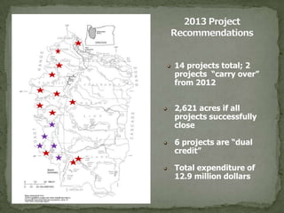 14 projects total; 2
projects “carry over”
from 2012


2,621 acres if all
projects successfully
close

6 projects are “dual
credit”

Total expenditure of
12.9 million dollars
 
