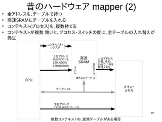 10
昔のハードウェア mapper (2)
●
全アドレスを、テーブルで持つ
●
高速SRAMにテーブルを入れる
●
コンテキスト(プロセス)を、複数持てる
●
コンテキストが複数 無いと、プロセス・スイッチの度に、全テーブルの入れ替えが
発生
高速
SRAM
CPU
メイン・
メモリ
アドレス
読み出しデータ
上位アドレス
4bit(PDP-11,
Z80, 6809)
12bit(680x0)
下位アドレス
12bit (4KB/ページ)
複数コンテキストの、変換テーブルがある場合
データ・バス
書き込みデータ
上位アドレス
本数、多め。
8bitで、1MB
物理メモリ
コンテキスト・
レジスタ
 