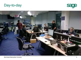 Day-to-day

•
•
•
•
•
•

User research – understanding the
problem
What do people know?
What are they trying to do?
Where do they do things?
What do they value?
What troubles them?

•
•
•
•

Interaction design – solving the
problem
Information architecture
User flows
Patterns
Low-level interaction (controls etc.)

•

•

Usability testing – evaluating
solutions

Manchester Metropolitan University

9

 
