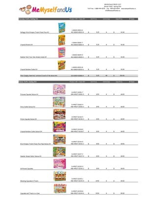 WHOLESALE PRICE LIST
                                                                                                               Winter 2010 / Spring 2011
                                                                                        Toll Free: 1-888-444-0075     Fax: 905-660-4004     www.memyselfandus.ca
                                                                                                                    info@memyselfandus.ca




Everyday Crafty Cooking kits                                   Product UPC / Case UPC       Unit Price       Units/Case            Case Price         # Cases




                                                                  1-83819-00013-0
  Kellogg's Rice Krispies Treats Funny Face Kit                 401-83819-00013-8       $            5.25            8         $            42.00




                                                                 1-83819-00001-7
  Crayola Brownie Kit                                           401-83819-00001-5       $            5.25            8         $            42.00




                                                                  1-83819-00015-4
  Keebler Paint Your Own Animal Cookie Kit                      401-83819-00015-2       $            5.25            8         $            42.00




                                                                 1-83819-00033-8
  Crayola Rainbow Cookie Kit                                    401-83819-00033-6       $            5.25            8         $            42.00



  Floor Display Assorted, contains 12 each of the above kits    101-83819-00080-9       $            5.25           48         $          252.00



Deluxe Crafty Cooking Kits                                     Product UPC / Case UPC       Unit Price       Units/Case            Case Price         # Cases




                                                                 8-44527-02001-7
  Princess Cupcake Deluxe Kit                                   408-44527-02001-5       $            8.50            8         $            68.00




                                                                 8-44527-02002-4
  Fairy Cookie Deluxe Kit                                       408-44527-02002-2       $            8.50            8         $            68.00




                                                                 8-44527-02130-4
  Pirate Cupcake Deluxe Kit                                     408-44527-02130-2       $            8.50            8         $            68.00




                                                                 8-44527-02218-9
  Crayola Rainbow Cookie Deluxe Kit                             408-44527-02218-7       $            8.50            8         $            68.00




                                                                 8-44527-02216-5
  Rice Krispies Treats Funny Face Pops Deluxe Kit               408-44527-02216-3       $            8.50            8         $            68.00




                                                                 8-44527-02217-2
  Keebler Animal Safari Deluxe Kit                              408-44527-02217-0       $            8.50            8         $            68.00




                                                                 8-44527-02242-4
  Girlfriend Cupcakes                                           408-44527-02242-2       $            8.50            8         $            68.00




                                                                 8-44527-02243-1
  Blooming Cupcakes & Treats                                    408-44527-02243-9       $           10.50            8         $            84.00




                                                                 8-44527-02244-8
  Cupcakes and Treats in a Cone                                 408-44527-02244-6       $           10.50            8         $            84.00
 