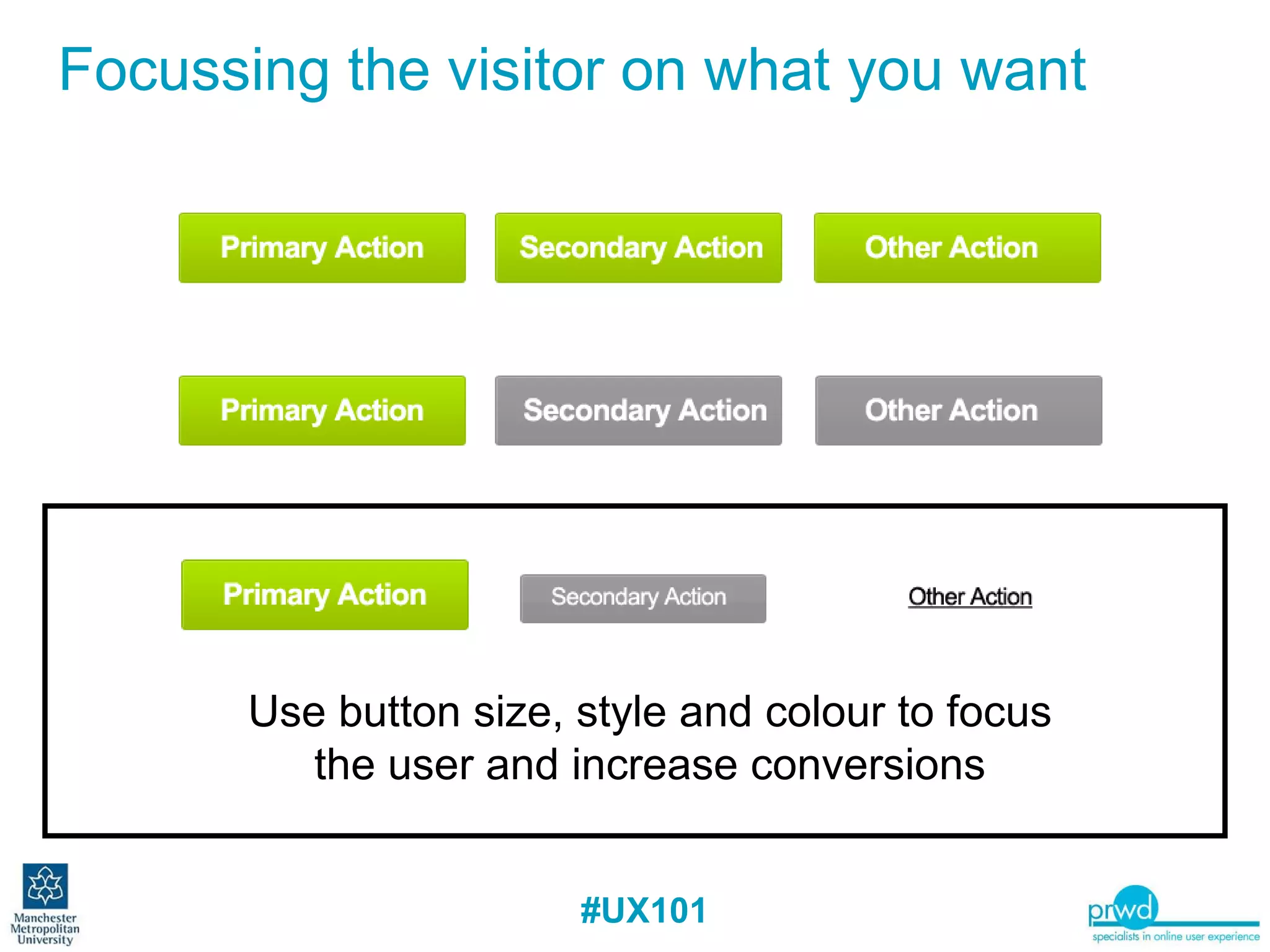 Form Primary and Secondary Actions Focussing the visitor on what you want Use button size, style and colour to focus the user and increase conversions 
