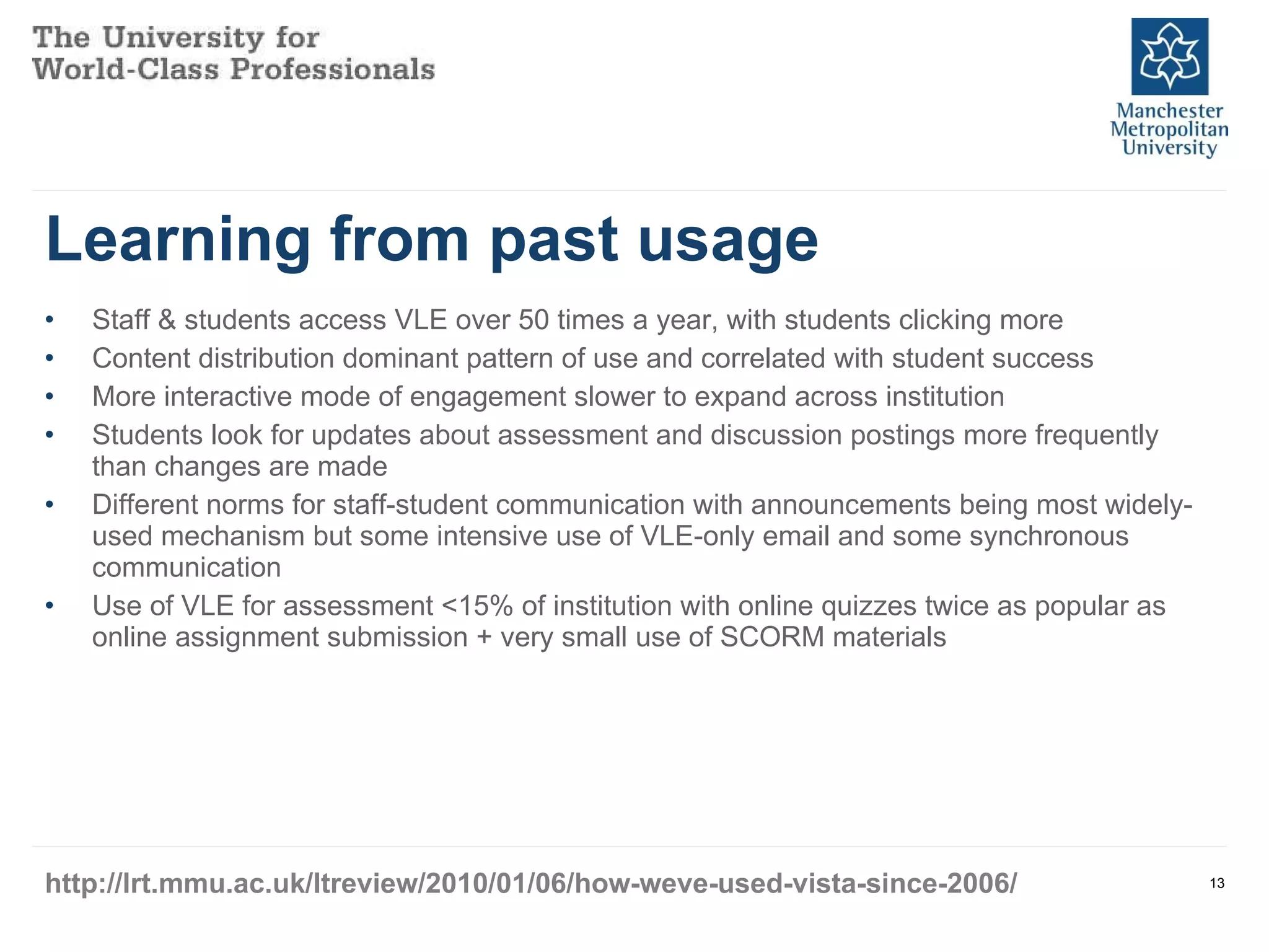 Learning from past usage Staff & students access VLE over 50 times a year, with students clicking more Content distribution dominant pattern of use and correlated with student success  More interactive mode of engagement slower to expand across institution  Students look for updates about assessment and discussion postings more frequently than changes are made Different norms for staff-student communication with announcements being most widely-used mechanism but some intensive use of VLE-only email and some synchronous communication  Use of VLE for assessment <15% of institution with online quizzes twice as popular as online assignment submission + very small use of SCORM materials http://lrt.mmu.ac.uk/ltreview/2010/01/06/how-weve-used-vista-since-2006/ 