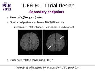 DEFLECT I Trial Design
Secondary endpoints
• Powered efficacy endpoint:
• Number of patients with new DW MRI lesions
• Average and total volume of new lesions in each patient
• Procedure related MACE (non EDD)*
*All events adjudicated by independent CEC (VARC2)
 