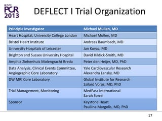 DEFLECT I Trial Organization
17
Principle Investigator Michael Mullen, MD
Heart Hospital, University College London Michael Mullen, MD
Bristol Heart Institute Andreas Baumbach, MD
University Hospitals of Leicester Jan Kovac, MD
Brighton and Sussex University Hospital David Hildick-Smith, MD
Amphia Ziehenhuis Molengracht Breda Peter den Heijer, MD, PhD
Data Analysis, Clinical Events Committee,
Angiographic Core Laboratory
Yale Cardiovascular Research
Alexandra Lansky, MD
DW MRI Core Laboratory Global Institute for Research
Szilard Voros, MD, PhD
Trial Management, Monitoring MedPass International
Sarah Sorrel
Sponsor Keystone Heart
Pauliina Margolis, MD, PhD
 