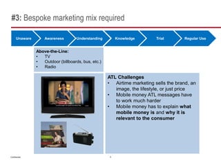 #3: Bespoke marketing mix required

      Unaware       Awareness        Understanding        Knowledge       Trial        Regular Use


                Above-the-Line:
                •  TV
                •  Outdoor (billboards, bus, etc.)
                •  Radio

                                                     ATL Challenges
                                                     • Airtime marketing sells the brand, an
                                                        image, the lifestyle, or just price
                                                     • Mobile money ATL messages have
                                                        to work much harder
                                                     • Mobile money has to explain what
                                                        mobile money is and why it is
                                                        relevant to the consumer




Confidential                                          5
 