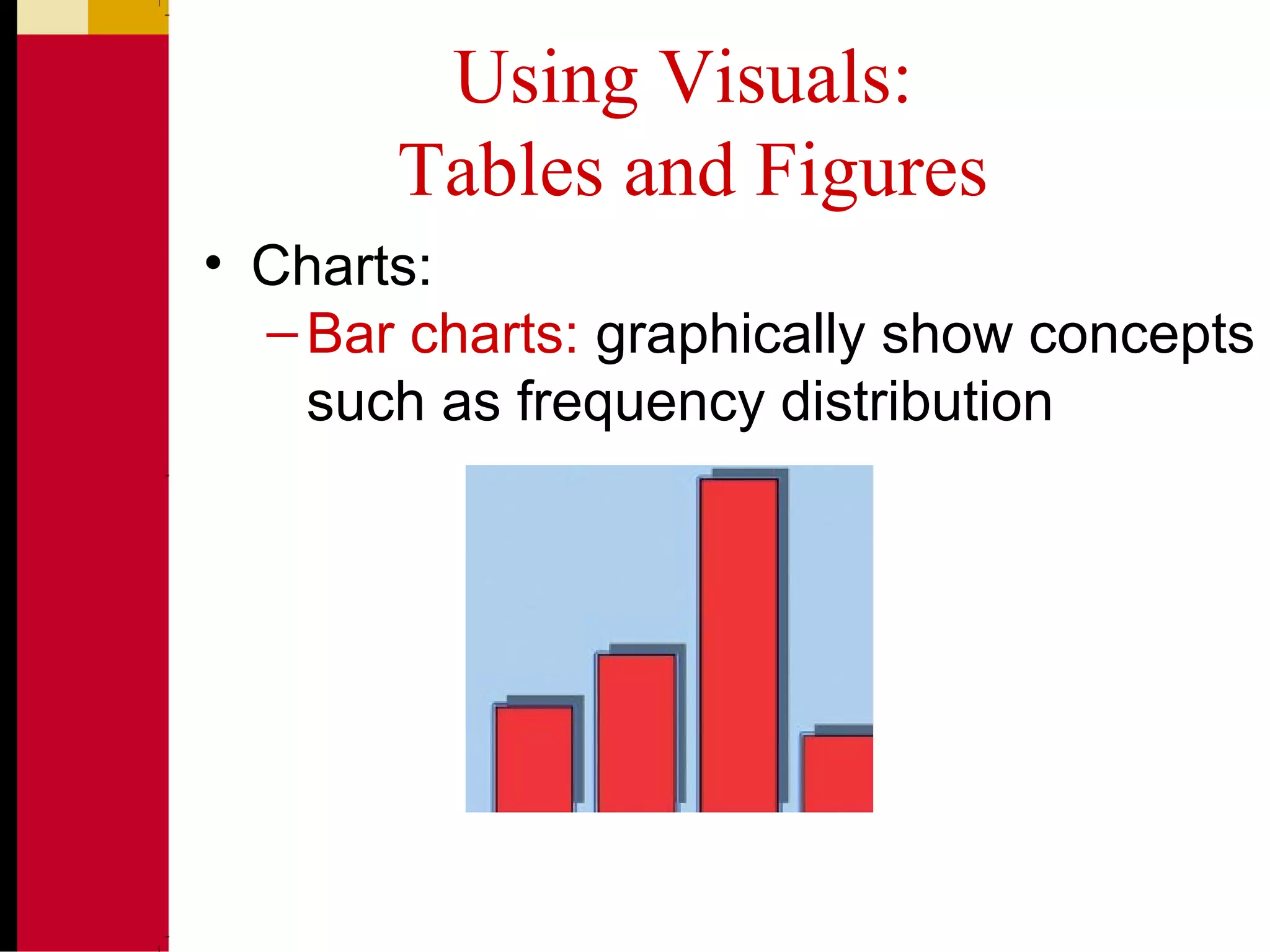 Using Visuals:
Tables and Figures
• Charts:
–Bar charts: graphically show concepts
such as frequency distribution
 