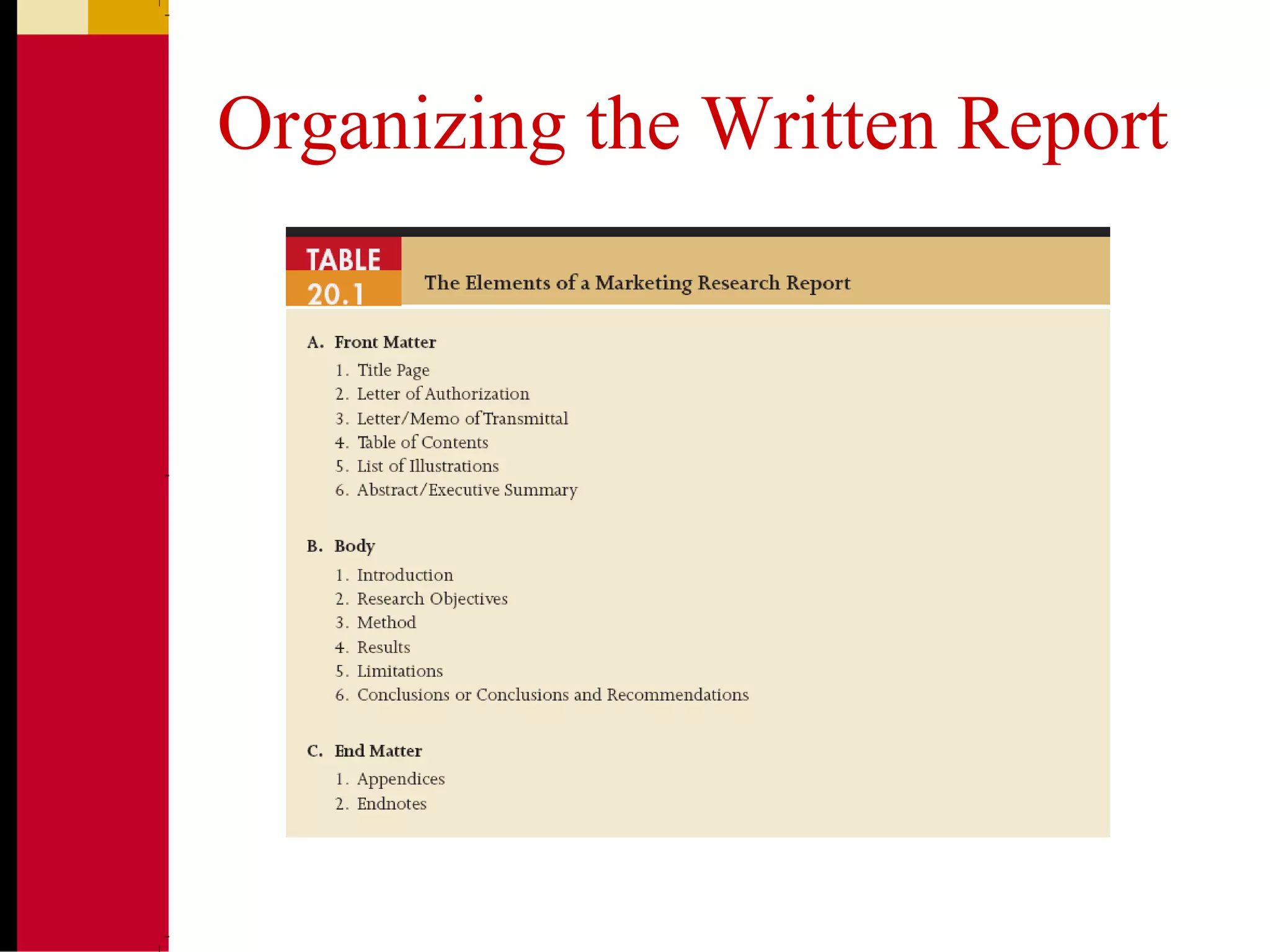 Organizing the Written Report
 