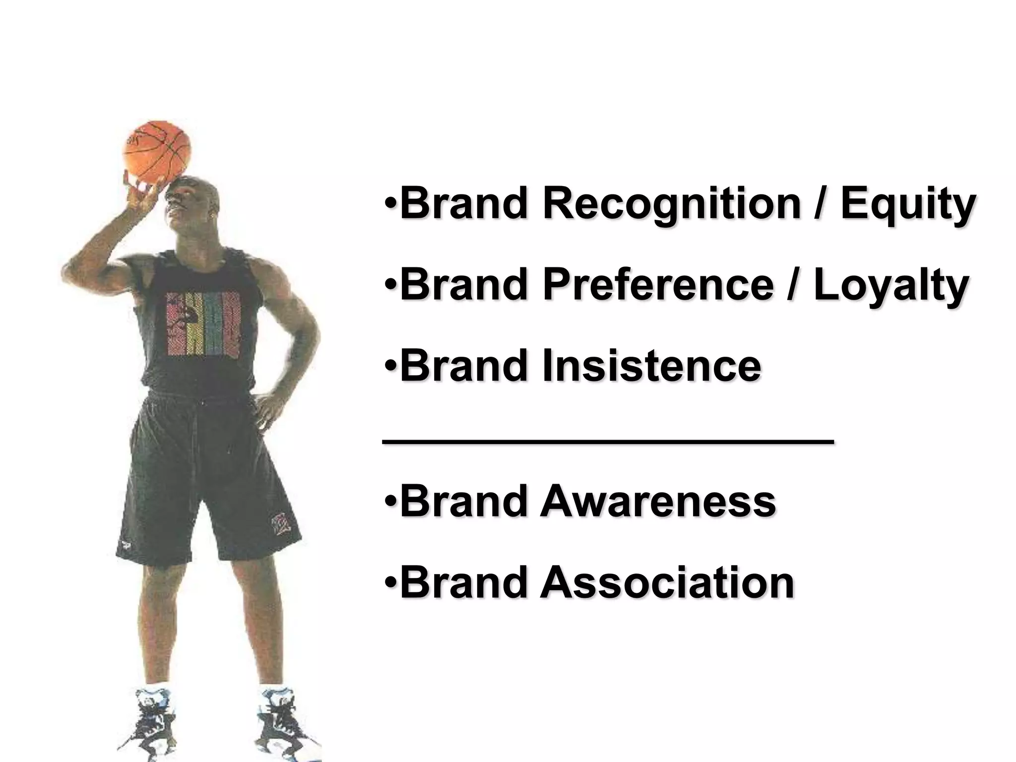 •Brand Recognition / Equity
•Brand Preference / Loyalty
•Brand Insistence
__________________
•Brand Awareness
•Brand Association
Page 220
 