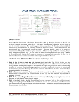 S.S . JAIN SUBODH MANAGEMENT INSTITUTE, M-104, Unit IV Page 13
[B]Nicosia Model:
Nicosia Model of Consumer Behavior was developed in 1966, by Professor Francesco M. Nicosia, an
expert in consumer motivation and behavior. This model focuses on the relationship between the firm
and its potential consumers. The model suggests that messages from the firm (advertisements) first
influences the predisposition of the consumer towards the product or service. Based on the situation, the
consumer will have a certain attitude towards the product. This may result in a search for the product or
an evaluation of the product attributes by the consumer. If the above step satisfies the consumer, it may
result in a positive response, with a decision to buy the product otherwise the reverse may occur. Looking
to the model we will find that the firm and the consumer are connected with each other, the firm tries to
influence the consumer and the consumer is influencing the firm by his decision.
The Nicosia model of Consumer Behavior is divided into four major fields:
1. Field 1: The firm’s attributes and the consumer’s attributes. The first field is divided into two
subfields. The first subfield deals with the firm’s marketing environment and communication efforts that
affect consumer attitudes, the competitive environment, and characteristics of target market. Subfield two
specifies the consumer characteristics e.g., experience, personality, and how he perceives the promotional
idea toward the product in this stage the consumer forms his attitude toward the firm’s product based on
his interpretation of the message.
2. Field 2: Search and evaluation. The consumer will start to search for other firm’s brand and evaluate the
firm’s brand in comparison with alternate brands. In this case the firm motivates the consumer to
purchase its brands.
3. Field 3: The act of the purchase. The result of motivation will arise by convincing the consumer to
purchase the firm products from a specific retailer.
4. Field 4: Feedback of sales results. This model analyses the feedback of both the firm and the consumer
after purchasing the product. The firm will benefit from its sales data as a feedback, and the consumer
will use his experience with the product affects the individual’s attitude and predisposition’s concerning
future messages from the firm.
 