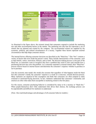 S.S . JAIN SUBODH MANAGEMENT INSTITUTE, M-104, Unit IV Page 18
As illustrated in the figure above, the external stimuli that consumers respond to include the marketing
mix and other environmental factors in the market. The marketing mix (the four Ps) represents a set of
stimuli that are planned and created by the company. The environmental stimuli are supplied by the
economic, political, and cultural circumstances of a society. Together these factors represent external
circumstances that help shape consumer choices.
The internal factors affecting consumer decisions are described as the “black box.” This “box” contains a
variety of factors that exist inside the person’s mind. These include characteristics of the consumer, such
as their beliefs, values, motivation, lifestyle, and so forth. The decision-making process is also part of the
black box, as consumers come to recognize they have a problem they need to solve and consider how a
purchasing decision may solve the problem. As a consumer responds to external stimuli, their “black box”
process choices based on internal factors and determine the consumer’s response–whether to purchase or
not to purchase.
Like the economic man model, this model also assumes that regardless of what happens inside the black
box (the consumer’s mind), the consumer’ response is a result of a conscious, rational decision process.
Many marketers are skeptical of this assumption and think that consumers are often tempted to make
irrational or emotional buying decisions. In fact, marketers understand that consumers’ irrationality and
emotion are often what make them susceptible to marketing stimuli in the first place.
For this reason, consumer purchasing behavior is considered by many to be a mystery or “black box.”
When people themselves don’t fully understand what drives their choices, the exchange process can
be unpredictable and difficult for marketers to understand.
(Note: Also read disadvantages and advantages of all consumer behavior models.)
 