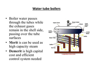 Water tube boilers
• Boiler water passes
through the tubes while
the exhaust gases
remain in the shell side,
passing over the tube
surfaces
• Merit is can be used as
high capacity steam
• Demerit is high capital
cost and efficient
control system needed
 