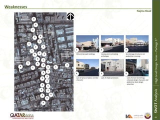 Weaknesses
Najma Road
Old and decrepit buildings Varying and contrasting
archetypes
No drainage structures nor
pedestrian crossings
Lack of sense of place, corridor
character
Lack of shade provisions Lack of street furnishings,
cohesive design character and
pedestrian level design
amenities
1 2 3
4 5 6
1 1
1
1
1
1
1
SWOTAnalysisHighLevelDesignAreas–Package27
1
1
1
Najma
1
2
2
2
Girls School
(Future Rail
Station)
Souq Haraj
Under
Redevelopment
(Hotel/Mall)
Mosque
2
3
3
3
3
4
5
5
5
5
6
6
6
6
6
6
ASHGAL
Field Office
4
4
4
4
4
4
49
 