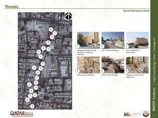 Threats
Disregard to public parking
provisions. Parking on
Sidewalks
Lack of safety provisions Lack of pedestrian
environment
Deteriorating conditions Lack of street character Dangerous conditions for
pedestrians
1 2 3
4 5 6
3
3
3
4
5
SWOTAnalysisHighLevelDesignAreas–Package27
Mosque
2
2
2
3
3
4
4
4
1
1
1
6
6
6
North Munthaza Road
55
5
5
 