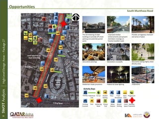 Opportunities
South Munthaza Road
Land acquired for
road widening
SWOTAnalysisHighLevelDesignAreas–Package27
Holiday
Villa
Resort
Munthaza Park
The demolishing of older
buildings to provide off-street
parking and potential pocket
parks
Improved median
enhancements and prevent
mid-block crossings on
heavily travelled roads
Provide carriageway character
and sense of place
Pedestrian shade provisions Pedestrian level lighting
Enhanced Crosswalk
Treatments
Activity Keys
Drinking
Fountain
Gathering
Node
Fitness
Trail
Water
Feature
Bicycle
Parking
Event
Space
Parking Pedestrian
Link
Tot lot Shaded
Seating
Plaza Trash
Receptacle
Open
Lawn
Park
Playground
Gateway
Treatment
Decorative plantings Decorative crosswalks Decorative paving highly urban
density areas
58
 
