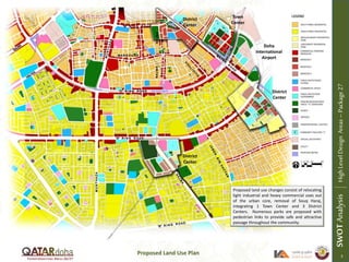 Proposed Land Use Plan
Proposed land use changes consist of relocating
light industrial and heavy commercial uses out
of the urban core, removal of Souq Haraj,
integrating 1 Town Center and 3 District
Centers. Numerous parks are proposed with
pedestrian links to provide safe and attractive
passage throughout the community.
SWOTAnalysisHighLevelDesignAreas–Package27
District
Center
District
Center
District
Center
Town
Center
Doha
International
Airport
3
 