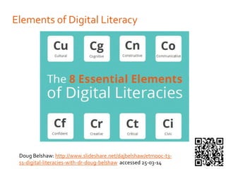 Elements of Digital Literacy
Go to View > Header & Footer to edit
Doug Belshaw: http://www.slideshare.net/dajbelshaw/etmoo...