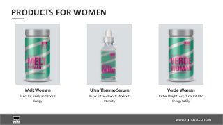 www.slideproject.com
Burns Fat Safely and Boosts
Energy
Melt Woman
www.mmusa.com.au
PRODUCTS FOR WOMEN
Ultra Thermo Serum
Burns Fat and Boosts Workout
Intensity
Verde Woman
Faster Weight Loss, Turns Fat Into
Energy Safely
 