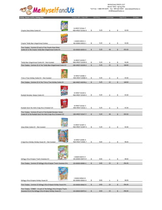 WHOLESALE PRICE LIST
                                                                                                                           Winter 2010 / Spring 2011
                                                                                                    Toll Free: 1-888-444-0075       Fax: 905-660-4004    www.memyselfandus.ca
                                                                                                                                info@memyselfandus.ca



Holiday Season Crafty Cooking Kits                                         Product UPC / Case UPC       Unit Price       Units/Case             Case Price         # Cases




                                                                             8-44527-02366-7
  Crayola Snow Globe Cookie kit                                             408-44527-02366-5       $            5.25           8           $            42.00




                                                                             1-83819-00012-3
  Crayola Teddy Bear Gingerbread Cookies                                    401-83819-00012-1       $            5.25           8           $            42.00


  Floor Display: Contains 24 each of the Crayola Snow Globe
  Cookie Kit & the Crayola Teddy Bear Gingerbread Cookie Kit                101-83819-00093-9       $            5.25           48          $           252.00




                                                                             8-44527-02209-7
  Teddy Bear Gingerbread Cookie Kit - Non-licensed                          408-44527-02209-5       $            5.25           8           $            42.00
  Floor Display: Contains 32 of the Teddy Bear Gingerbread Cookie Kit       108-44527-02209-4       $            5.25           32          $           168.00




                                                                             8-44527-02080-2
  Trim-a-Tree Holiday Cookie Kit - Non-licensed                             408-44527-02080-0       $            5.25           8           $            42.00


  Floor Display: Contains 32 of the Trim-a-Tree Holiday Cookie Kit          108-44527-02078-6       $            5.25           32          $           168.00




                                                                             8-44527-02165-6
  Rudolph Reindeer Games Cookie Kit                                         408-44527-02165-4       $            5.25           8           $            42.00




                                                                             8-44527-02166-3
  Rudolph Deck the Halls Crispy Rice Ornament Kit                           408-44527-02166-1       $            5.25           8           $            42.00


  Floor Display: Contains 24 each of the Rudolph Reindeer Games
  Cookie Kit & the Rudolph Deck the Halls Crispy Rice Ornament Kit          108-44527-02167-7       $            5.25           48          $           252.00




                                                                             8-44527-02387-2
  Snow Globe Cookie Kit - Non-licensed                                      408-44527-02387-0       $            5.25           8           $            42.00




                                                                             8-44527-02081-9
  Crispy Rice Holiday Holiday House Kit - Non-licensed                      408-44527-02081-7       $            8.00           6           $            48.00




                                                                             1-83819-00073-4
  Kellogg's Rice Krispies Treats Snowman Kit                                301-83819-00073-5       $            8.00           6           $            48.00


  Floor Display: Contains 32 Kellogg's Rice Krispies Treats Snowman Kits    101-83819-00082-3       $            8.00           32          $           256.00




                                                                             1-83819-00062-8
  Kellogg's Rice Krispies Holiday House Kit                                 301-83819-00062-9       $            8.00           6           $            48.00


  Floor Display: Contains 32 Kellogg's Rice Krispies Holiday House Kits     101-83819-00062-5       $            8.00           32          $           256.00


  Floor Display: COMBO - 16 each of the Kellogg's Rice Krispies Treats
  Snowman Kits & the Kellogg's Rice Krispies Holiday House Kit              101-83819-00070-0       $            8.00           32          $           256.00
 