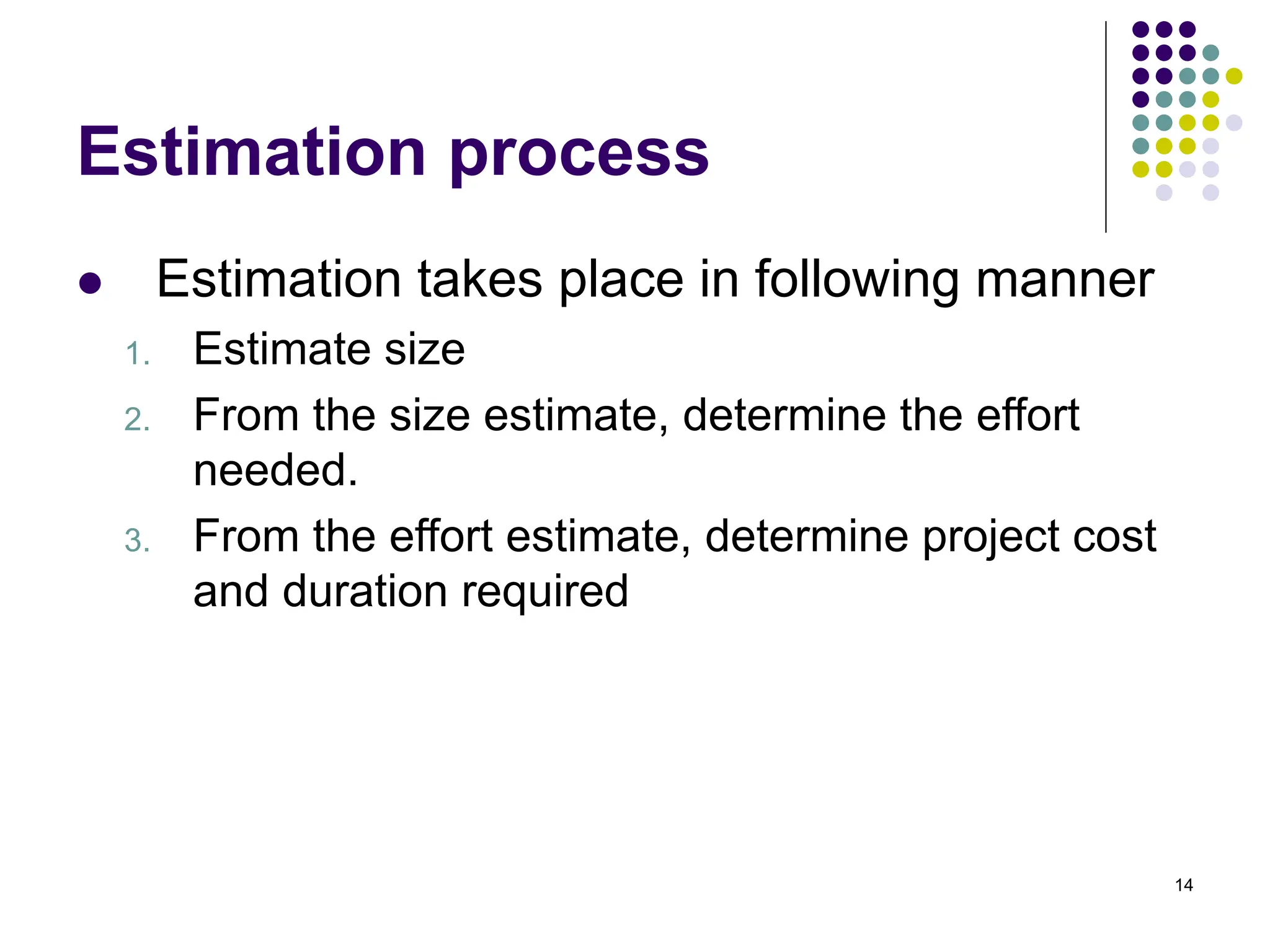 14
Estimation process
⚫ Estimation takes place in following manner
1. Estimate size
2. From the size estimate, determine the effort
needed.
3. From the effort estimate, determine project cost
and duration required
 