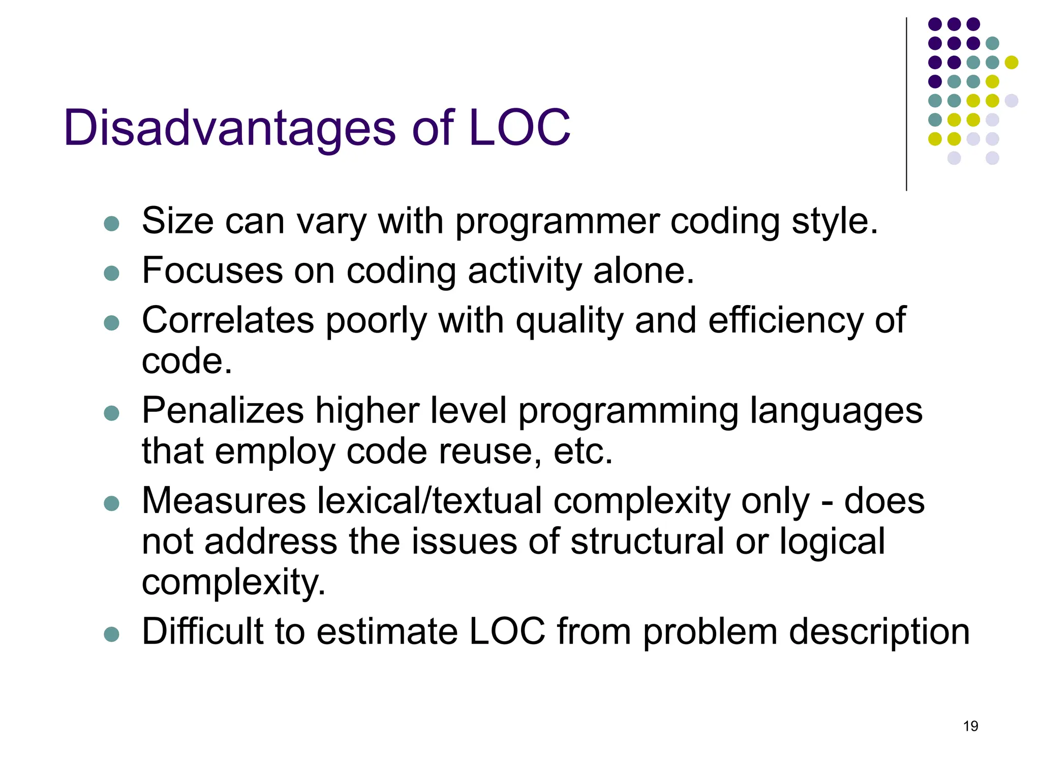 19
Disadvantages of LOC
⚫ Size can vary with programmer coding style.
⚫ Focuses on coding activity alone.
⚫ Correlates poorly with quality and efficiency of
code.
⚫ Penalizes higher level programming languages
that employ code reuse, etc.
⚫ Measures lexical/textual complexity only - does
not address the issues of structural or logical
complexity.
⚫ Difficult to estimate LOC from problem description
 