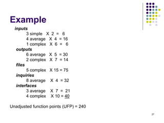 27
Example
inputs
3 simple X 2 = 6
4 average X 4 = 16
1 complex X 6 = 6
outputs
6 average X 5 = 30
2 complex X 7 = 14
files
5 complex X 15 = 75
inquiries
8 average X 4 = 32
interfaces
3 average X 7 = 21
4 complex X 10 = 40
Unadjusted function points (UFP) = 240
 