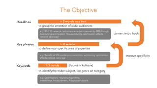 Headlines
Key phrases
> 5 words as a bait
> 3 words
Keywords 1-3 words
improve specificity
convert into a hook
to define your specific area of expertise
to grasp the attention of wider audiences
to identify the wider subject, like genre or category
The Objective
e.g. Optimization; Heuristic Algorithms;
Interference, Measurement, Adaptation Models
e.g. Benefits of 5G mobile communication; autotuning optimization
affects network coverage
e.g. 4G / 5G network performance can be improved by 80% through
Autotuning optimization; How autotuning optimization affects
network coverage?
(found in fulltext)
 