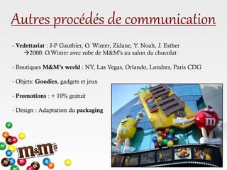 Autres procédés de communication
- Vedettariat : J-P Gauthier, O. Winter, Zidane, Y. Noah, J. Esther
2000: O.Winter avec robe de M&M’s au salon du chocolat
- Boutiques M&M’s world : NY, Las Vegas, Orlando, Londres, Paris CDG
- Objets: Goodies, gadgets et jeux
- Promotions : + 10% gratuit
- Design : Adaptation du packaging
 