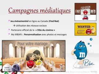 Campagnes médiatiques
Jeu évènementiel en ligne au Canada (Find Red)
 Utilisation des réseaux sociaux
Partenaire officiel de la « Fête du cinéma »
My M&M’s : Personnalisation avec photos et messages
 