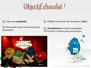 Objectif chocolat !
Fidéliser et recruter de nouveaux « fans »
Omniprésence à travers les goodies
 Entraver la menace des concurrents
Créer une complicité
Renouveler sans cesse leur gamme
de produits
 