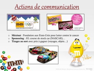 Actions de communication
o Mécénat : Fondation aux Etats-Unis pour lutter contre le cancer
o Sponsoring : JO, course de stock car (NASCAR)…
o Tirages au sort avec prix à gagner (voyages, objets…)
 