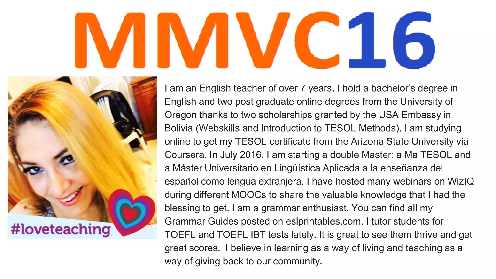 Vance Stevens - I teach EFL at the UAE Air College in Al Ain,
UAE, but that’s just my day job. I've been involved in online
learning since way last century, as founder of a movement that
became Webheads in Action, still a robust community. I have
been a coordinator of the TESOL / CALL-IS Electronic Village
Online for almost 15 years and have moderated several 5-week
online sessions there ranging from Multiliteracies and MOOCs to
Minecraft. In 2010 I started a weekly webinar series called
Learning2gether. Learning2gether provides weekly opportunities
for educators to share their expertise online, but it also
inventories and archives a microcosm of what is going on at any
given moment in the universe of online professional
development, which is what informs my MMVC16 presentation.
 