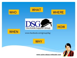 www.anita-adnan.webnode.com
www.facebook.com/group/dsg
WHO
WHAT
WHERE
WHEN
HOW
WHY
 