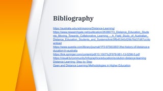 Bibliography
https://australia.edu/admissions/Distance-Learning/
https://www.researchgate.net/publication/26386773_Distance_Education_Stude
nts_Moving_Towards_Collaborative_Learning_-_A_Field_Study_of_Australian_
Distance_Education_Students_and_Systems/link/0ffb45340cf29b76d37d87cc/do
wnload
https://www.questia.com/library/journal/1P3-975833651/the-history-of-distance-e
ducation-in-australia
https://link.springer.com/content/pdf/10.1007%2F978-981-13-0298-5.pdf
https://visual.ly/community/Infographics/education/evolution-distance-learning
Distance Learning: Step by Step
Open and Distance Learning Methodologies in Higher Education
 