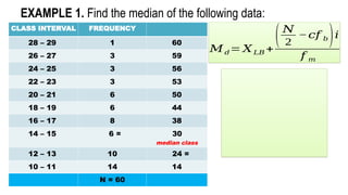 CLASS INTERVAL FREQUENCY
28 – 29 1 60
26 – 27 3 59
24 – 25 3 56
22 – 23 3 53
20 – 21 6 50
18 – 19 6 44
16 – 17 8 38
14 – 15 6 = 30
median class
12 – 13 10 24 =
10 – 11 14 14
N = 60
EXAMPLE 1. Find the median of the following data:
𝑀𝑑= 𝑋𝐿𝐵 +
(𝑁
2
−𝑐𝑓 𝑏)𝑖
𝑓 𝑚
 