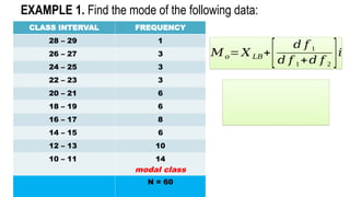 CLASS INTERVAL FREQUENCY
28 – 29 1
26 – 27 3
24 – 25 3
22 – 23 3
20 – 21 6
18 – 19 6
16 – 17 8
14 – 15 6
12 – 13 10
10 – 11 14
modal class
N = 60
EXAMPLE 1. Find the mode of the following data:
𝑀𝑜= 𝑋 𝐿𝐵+
[ 𝑑 𝑓 1
𝑑 𝑓 1 +𝑑 𝑓 2
]𝑖
 