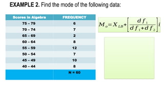 Scores in Algebra FREQUENCY
75 – 79 6
70 – 74 7
65 – 69 2
60 – 64 8
55 – 59 12
50 – 54 7
45 – 49 10
40 – 44 8
N = 60
EXAMPLE 2. Find the mode of the following data:
𝑀𝑜= 𝑋 𝐿𝐵+
[ 𝑑 𝑓 1
𝑑 𝑓 1 +𝑑 𝑓 2
]𝑖
 