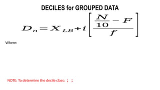 𝐷𝑛 = 𝑋 𝐿𝐵+𝑖 [
𝑁
10
− 𝐹
𝑓 ]
DECILES for GROUPED DATA
Where:
NOTE: To determine the decile class: ; ;
 