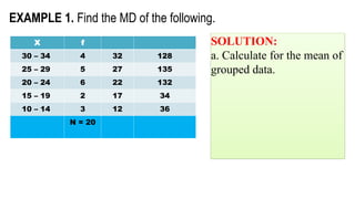 X f
30 – 34 4 32 128
25 – 29 5 27 135
20 – 24 6 22 132
15 – 19 2 17 34
10 – 14 3 12 36
N = 20
EXAMPLE 1. Find the MD of the following.
SOLUTION:
a. Calculate for the mean of
grouped data.
 