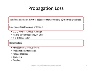 Propagation Loss
Transmission loss of mmW is accounted for principally by the free space loss
Free-space loss (Isotropic a...