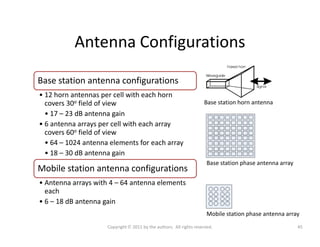 Antenna Configurations
Base station antenna configurations
• 12 horn antennas per cell with each horn
covers 30o field of ...