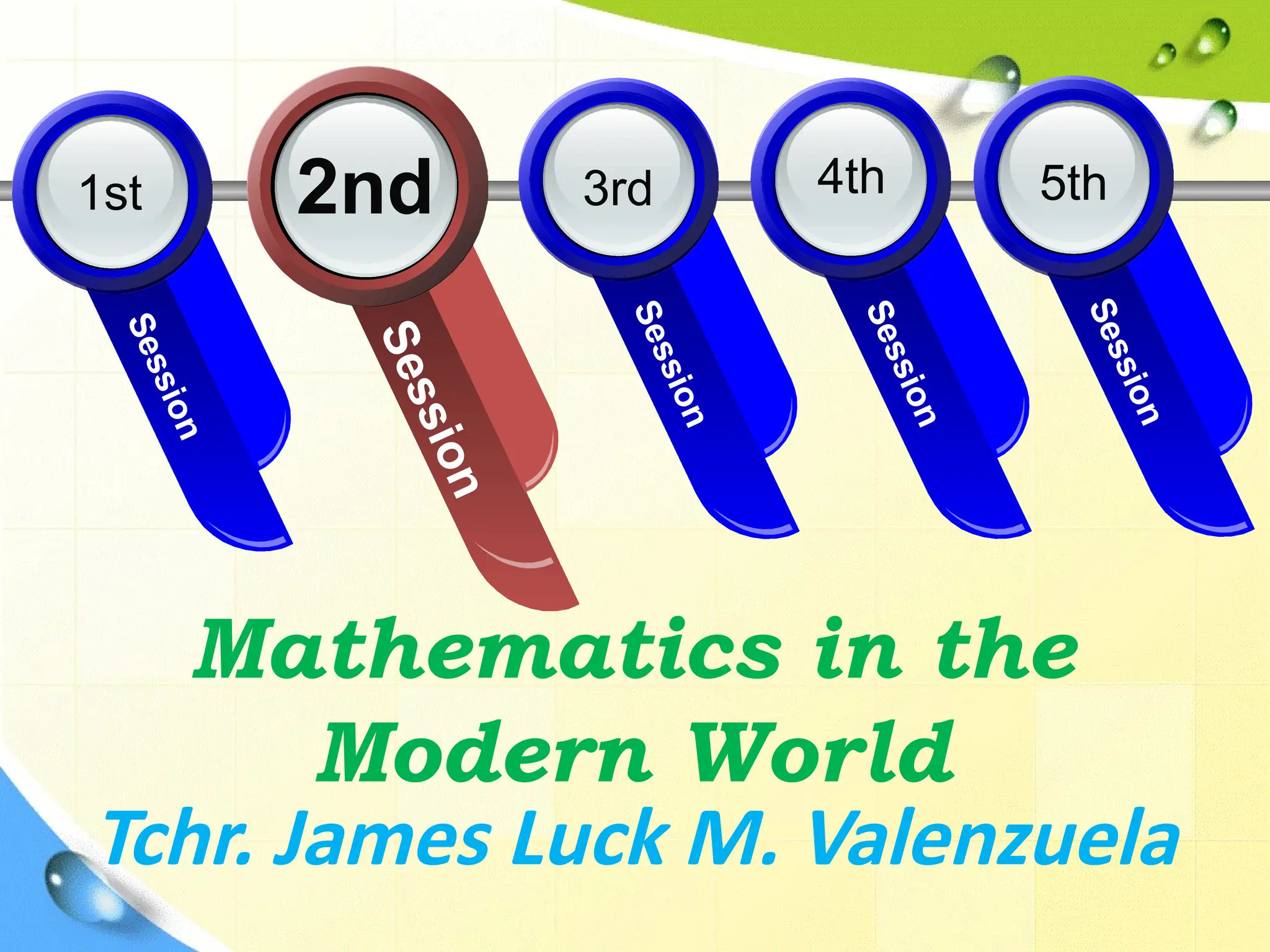 S
e
s
s
i
o
n
1st
S
e
s
s
i
o
n
5th
S
e
s
s
i
o
n
3rd
S
e
s
s
i
o
n
2nd
S
e
s
s
i
o
n
4th
Mathematics in the
Modern World
Tchr. James Luck M. Valenzuela
 